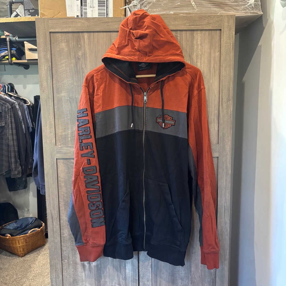 Harley-Davidson Mens Zip Up Hoodie Vintage Y2K Orange Black XL